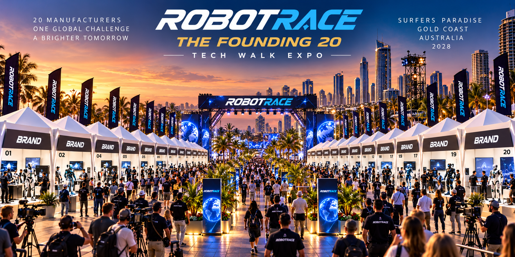 Concept illustration of the ROBOTRACE Founding 20 Tech Walk Expo: two rows of premium branded manufacturer marquees, humanoid robots, crowds and media on the Gold Coast