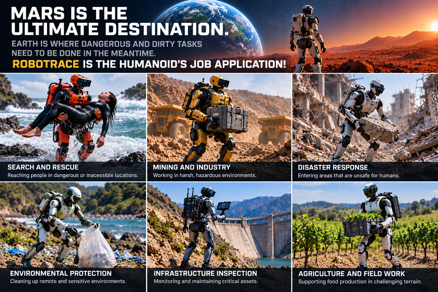Concept illustration of six potential real-world applications of humanoid robots