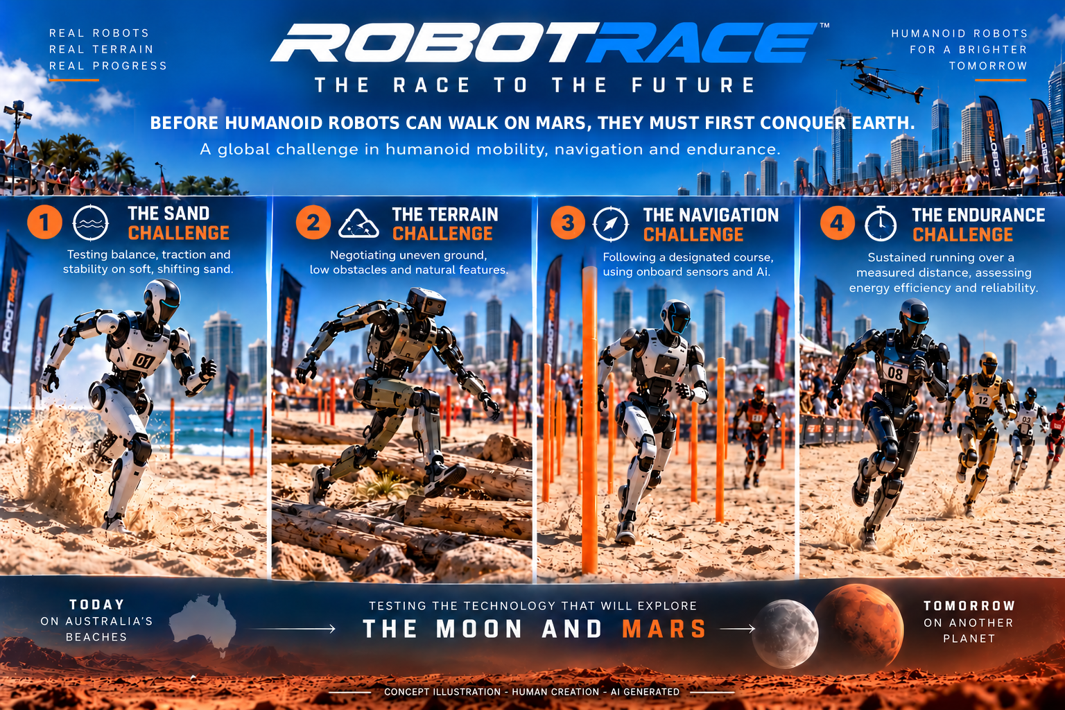 ROBOTRACE four challenges: sand, terrain, navigation, endurance