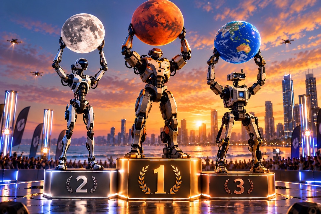 ROBOTRACE podium illustration featuring three humanoid robots and Mars, Moon and Earth